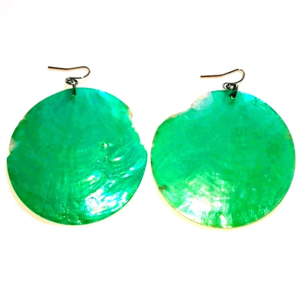 Irregular Round Green Mother of Pearl Earrings